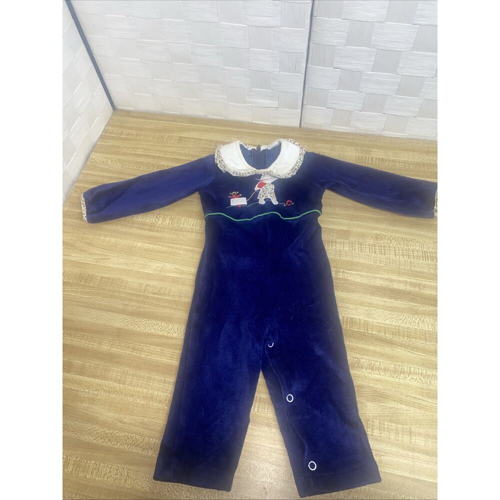 Vintage 70s 80s Baby Girl Velour One Piece Jumpsuit Blue 12 Mos Poly Blend